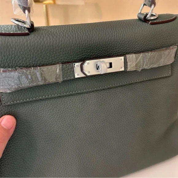 28cm Gray Green Top Handle Leather KL Satchel